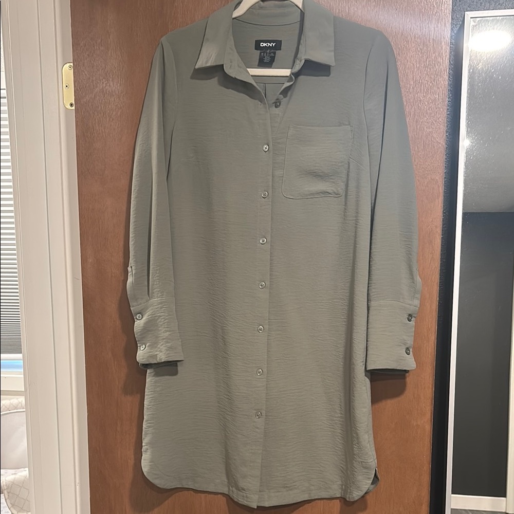 DKNY Sage Green Long Sleeve Button Up Shirt Dress